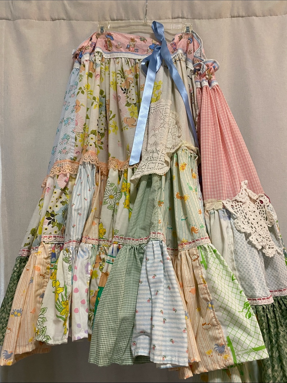 *Risk Thrift The Pastel Patchwork Skirt Handmade Upcycled OSFA Midi Maxi Vintage